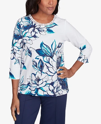 Alfred Dunner Women's Nantucket Fineline Floral Three Quarter Sleeve Top