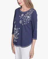 Alfred Dunner Women's Nantucket Asymmetric Floral Embroidered Crew Neck Top