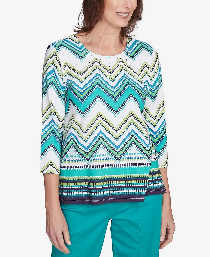 Alfred Dunner Women's Nantucket Pleated Neckline Chevron Top