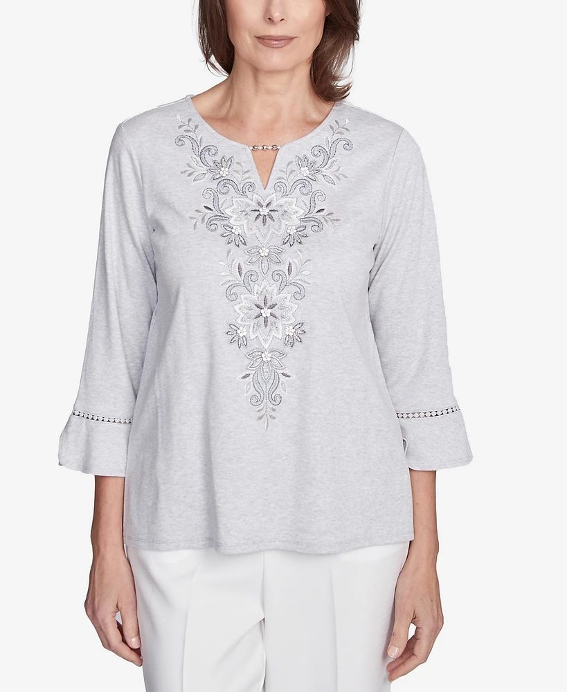 Alfred Dunner Women's Estate of Mind Embroidered Scroll Bell Sleeve Top