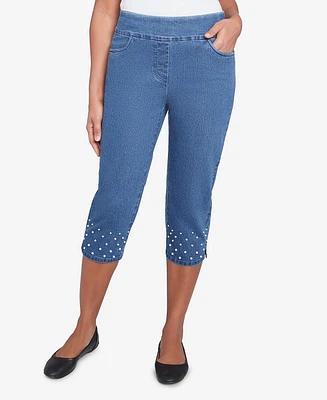 Alfred Dunner Women's Flower Power Detailed Denim Capri Pants