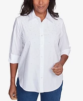 Alfred Dunner Women's Flower Power Studded Button Down Top