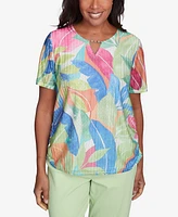 Alfred Dunner Women's Parrot Cay Textured Tropical Beaded Neck Top