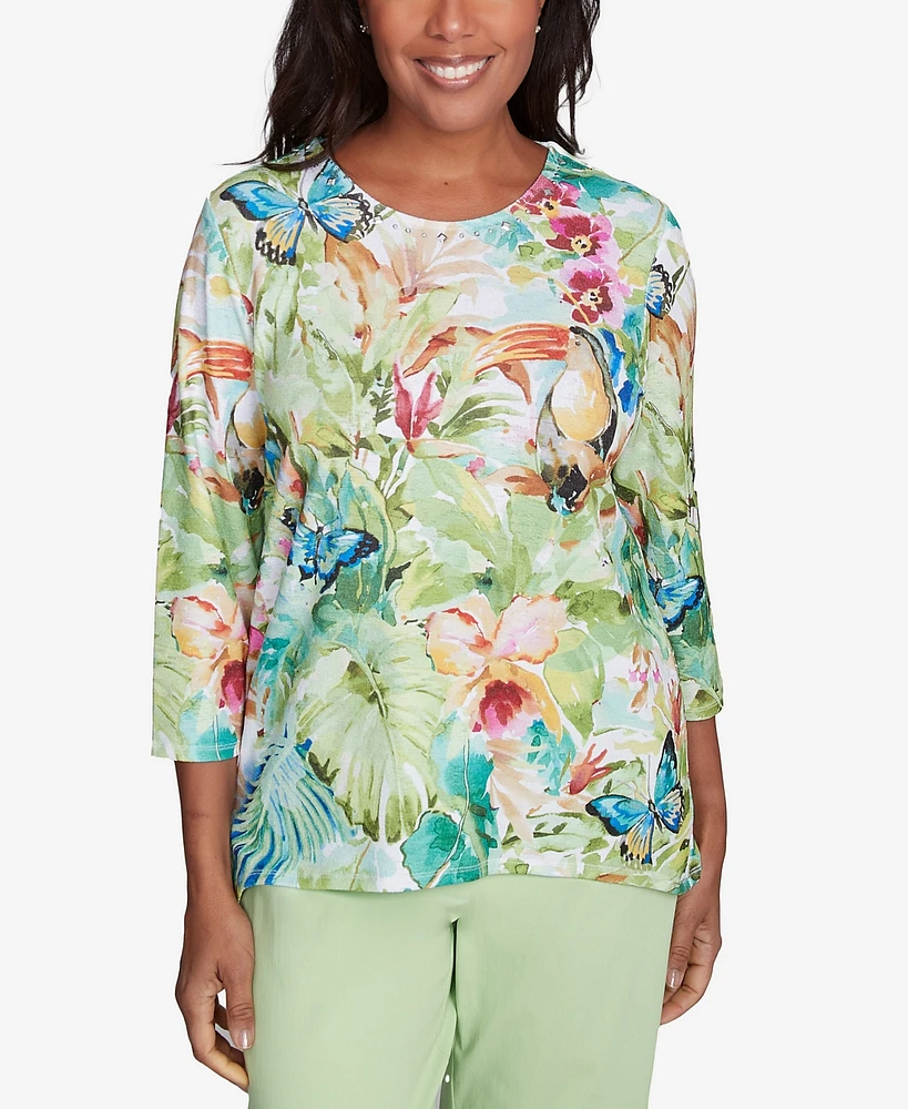 Alfred Dunner Women's Parrot Cay Tropical Toucan Crew Neck Top