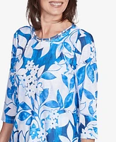 Alfred Dunner Women's Parrot Cay Monotone Cobalt Floral Top