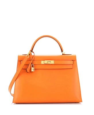 Pre-Owned HERMES Kelly 32 Handbag Orange Box Calf with Gold Hardware