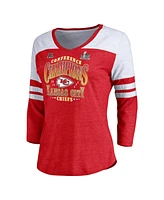 Fanatics Women's Heather Red Kansas City Chiefs 2024 Afc Champions Tri-Blend 3/4 Sleeve V-Neck T-Shirt