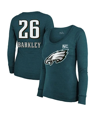 Majestic Women's Saquon Barkley Midnight Green Philadelphia Eagles Super Bowl Lix Player Name Number Tri-Blend Long Sleeve Scoop Neck T-Shirt