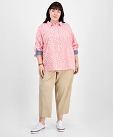 Tommy Hilfiger Plus Daisy Gingham Cotton Roll-Tab Shirt, Exclusively at Macy's