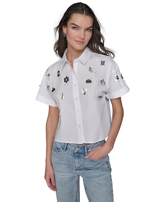 Karl Lagerfeld Paris Women's Embellished Cropped Button-Down Shirt