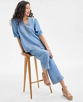 Style Co Eyelet Embroidered Top Cropped Pants Wedge Sandals Exclusively At Macys