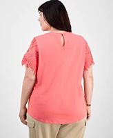 Tommy Hilfiger Plus Lace Yoke Short-Sleeve Top