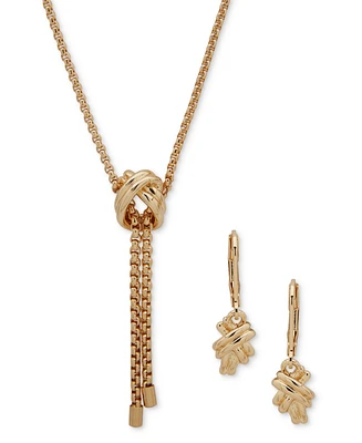 Anne Klein Gold-Tone Rope Chain Knot Y Necklace & Earrings Set