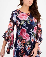 Connected Petite Floral-Print Bell Flare-Sleeve Dress