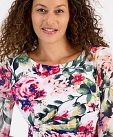 Connected Petite Printed Ruched-Waist Flutter-Sleeve Dress