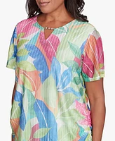 Alfred Dunner Petite Parrot Cay Textured Tropical Beaded Neck Top