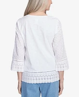 Alfred Dunner Petite Flower Power Floral Embroidered Eyelet Trim Top