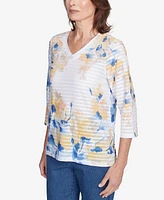 Alfred Dunner Petite Flower Power Floral Textured V Neck Top