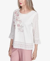 Alfred Dunner Petite Estate of Mind Embroidered Floral Eyelet Trim Top