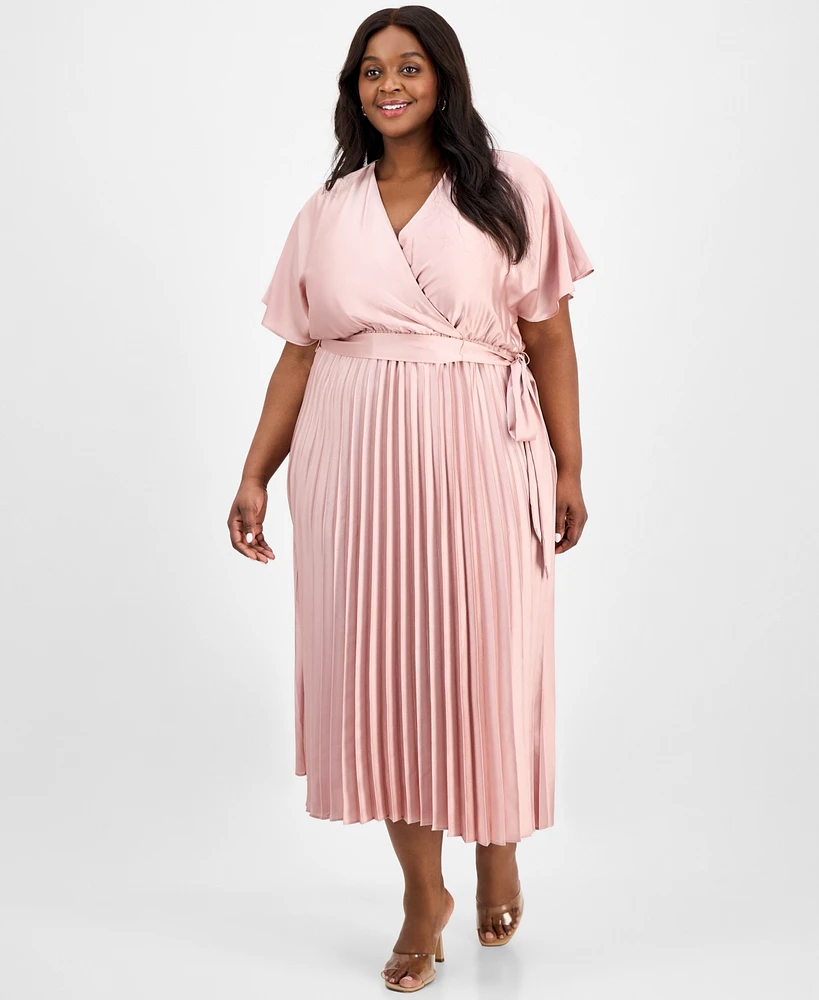 Sandra Darren Plus Pleated Tie-Waist Flutter-Sleeve Dress