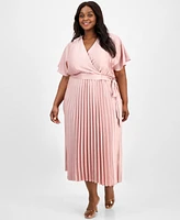 Sandra Darren Plus Pleated Tie-Waist Flutter-Sleeve Dress