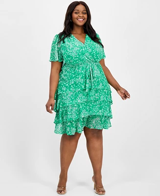 Sandra Darren Plus Printed Chiffon Tie-Waist Flutter-Sleeve Dress