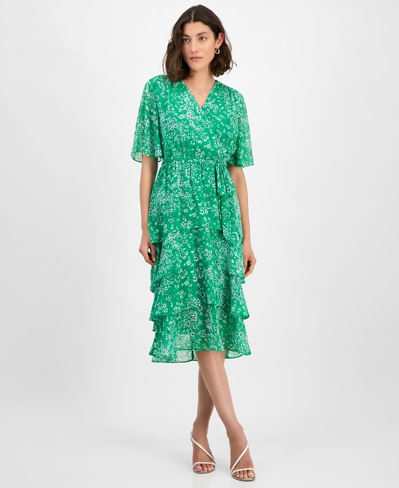Sandra Darren Petite Printed Chiffon Tie-Waist Flutter-Sleeve Dress