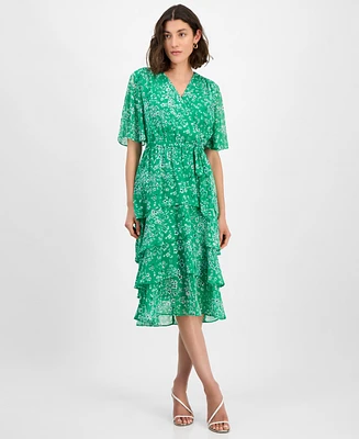 Sandra Darren Petite Printed Chiffon Tie-Waist Flutter-Sleeve Dress