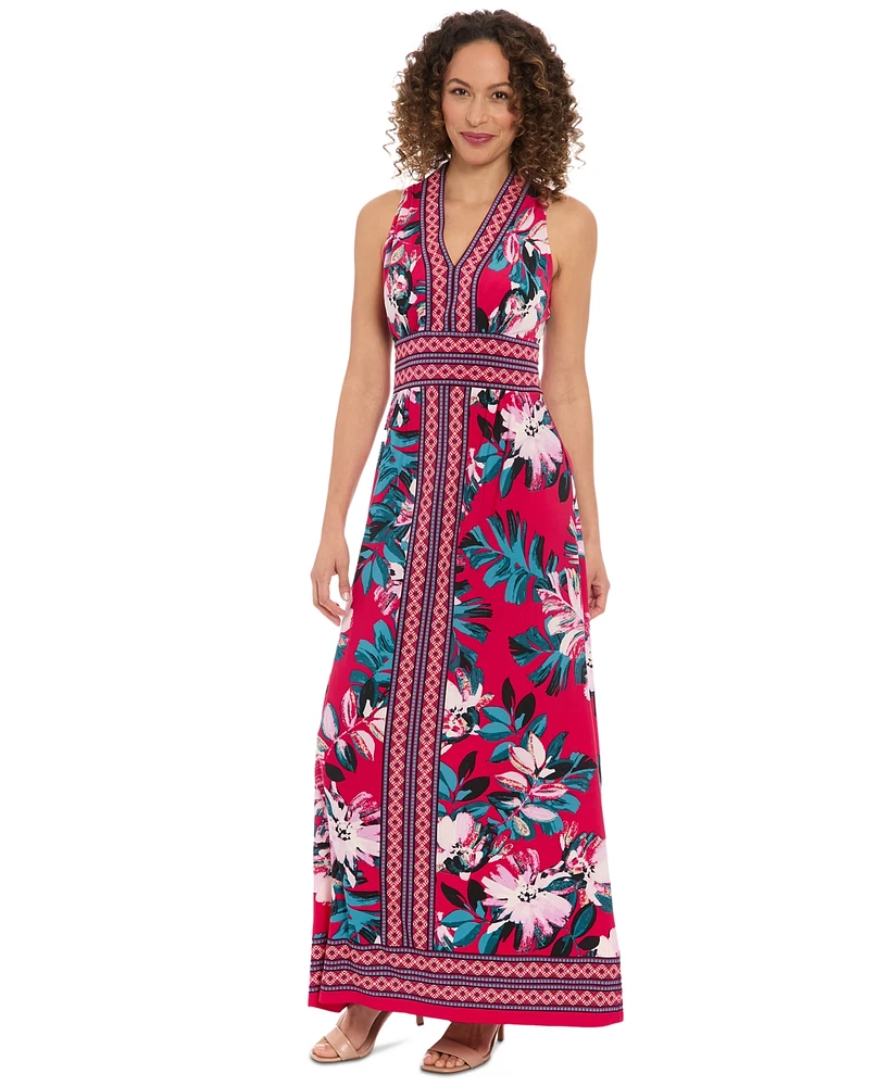 London Times Women's V-Neck Border Jersey Maxi Dress