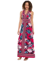 London Times Women's V-Neck Border Jersey Maxi Dress