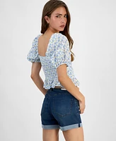 Kingston Grey Juniors' Printed Sweetheart-Neck Puff-Sleeve Top