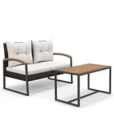 2 Pieces Patio Pe Wicker Furniture Set with Acacia Wood Coffee Table