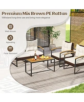 4 Pieces Patio Conversation Set with Acacia Wood Armrests and Tabletop and Cushions