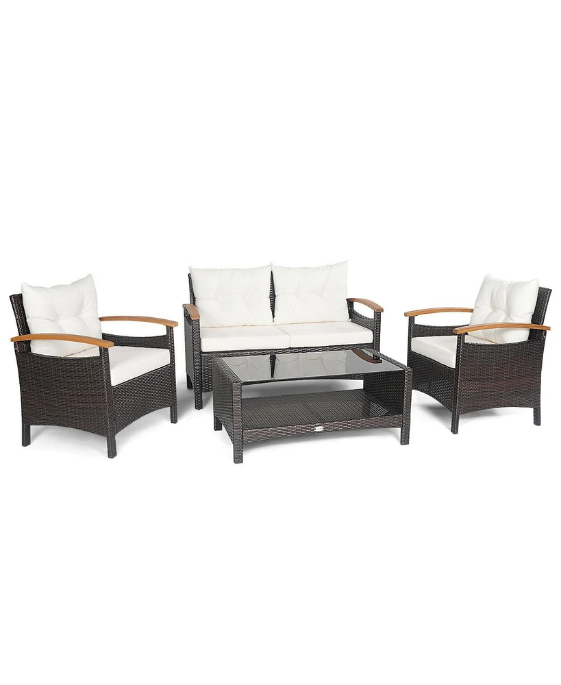 4 Pieces Patio Rattan Furniture Set with Cushioned Sofa and Storage Table