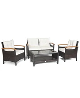 4 Pieces Patio Rattan Furniture Set with Cushioned Sofa and Storage Table