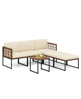 6 Pieces Acacia Wood Patio Furniture Set with Coffee Table and Ottomans