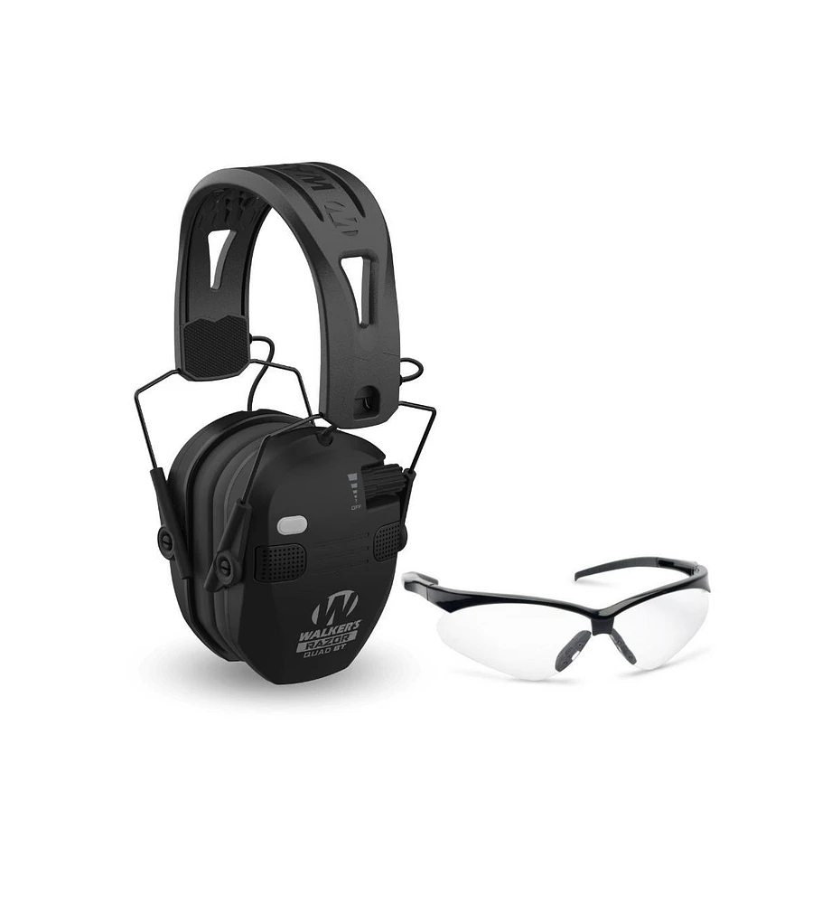 Walkers Razor Slim Quad Electronic Earmuffs with Bluetooth Technology (Black) with Shooting Glasses (Clear)