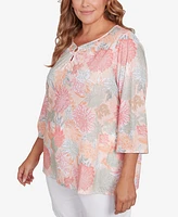 Hearts Of Palm Plus Spring Forward Tunic Ring Front 3/4 Sleeve Top