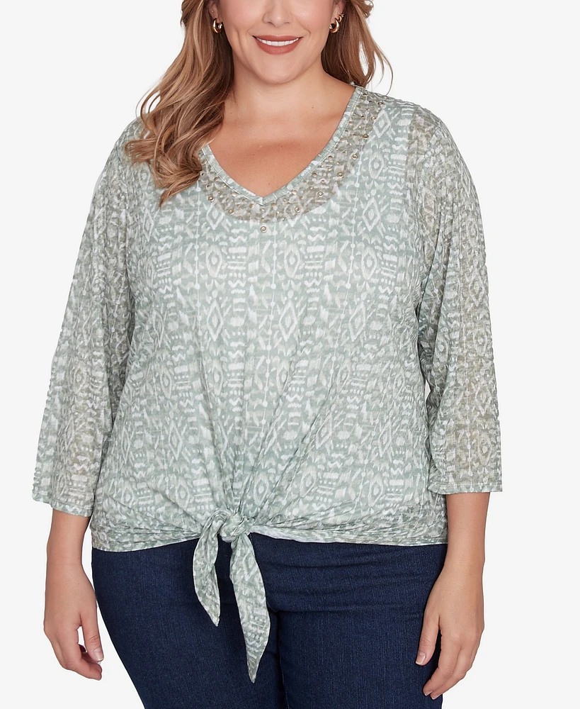 Hearts Of Palm Plus Spring Forward Printed Burnout V-Neck Top