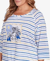 Hearts Of Palm Plus Making Waves Beach Scene Drawstring 3/4 Sleeve Top