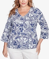Hearts Of Palm Plus Size Printed Essentials V-Neck Top