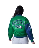 Starter Women's College Navy/Neon Green Seattle Seahawks Zone Blitz Cropped Full-Snap Satin Jacket