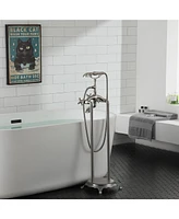 Gold Freestanding Faucet Bathtub Floor Mount Tub Filler with Handheld Shower Spray Lever Telephone Shape High Flow Bathroom Mixing Tap