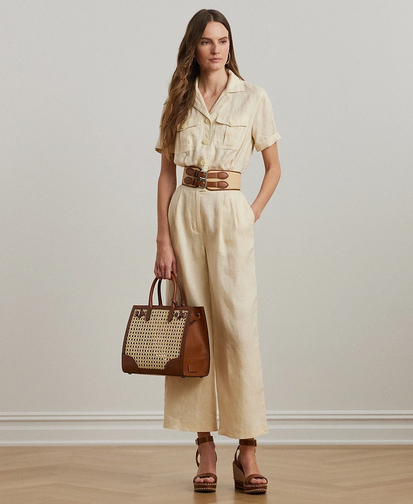 Lauren Ralph Petite 100% Linen Embroidered Short-Sleeve Jumpsuit