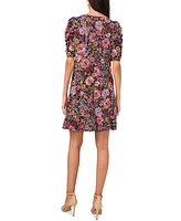 Msk Petite Floral-Print Puffed-Shoulder Ruffled-Hem Dress