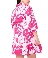 Msk Plus Cotton Floral-Print Belted Shirtdress