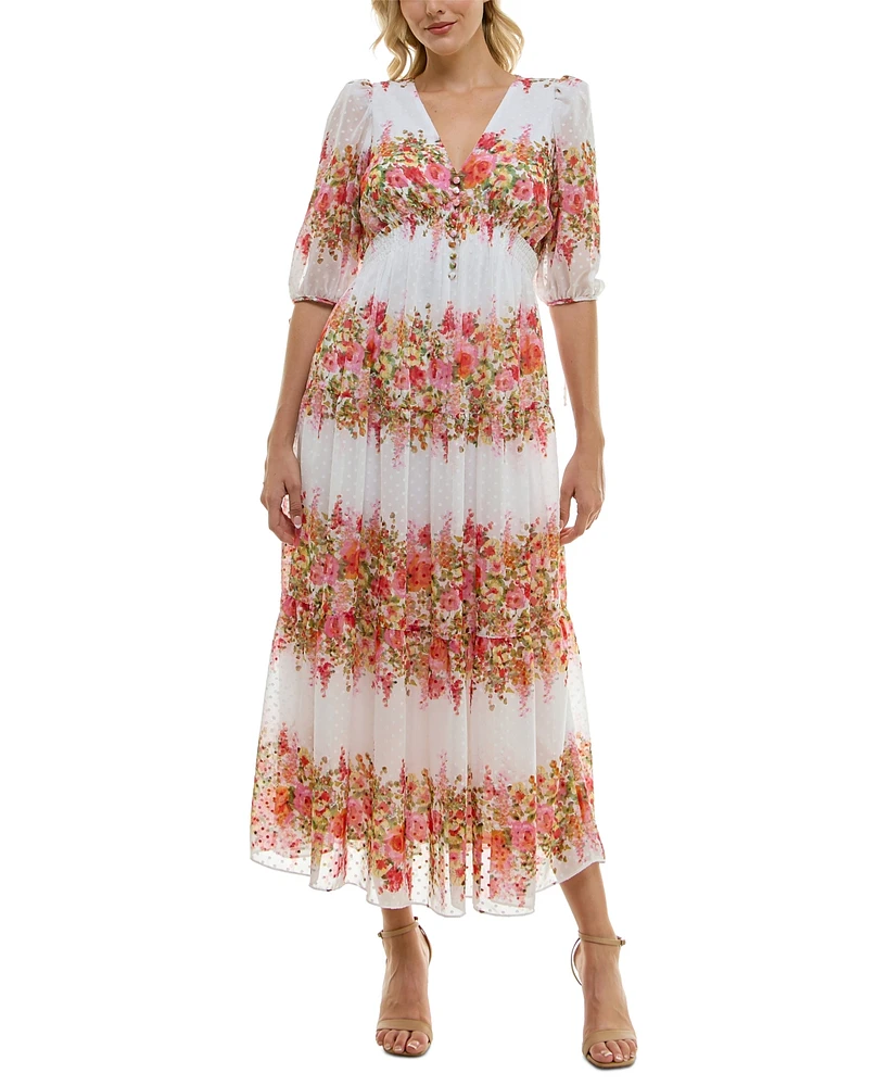 Taylor Women's Floral-Striped Swiss-Dot Chiffon Dress