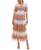 Taylor Women's Floral-Striped Swiss-Dot Chiffon Dress