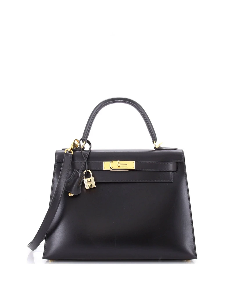 Pre-Owned HERMES Kelly Handbag Black Box Calf with Gold Hardware