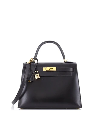 Pre-Owned HERMES Kelly Handbag Black Box Calf with Gold Hardware